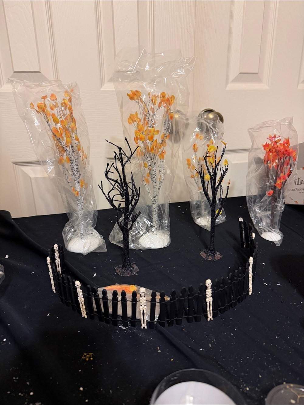 Department 56 Black Skeleton Fence with Orange and Yellow Autumn Tree